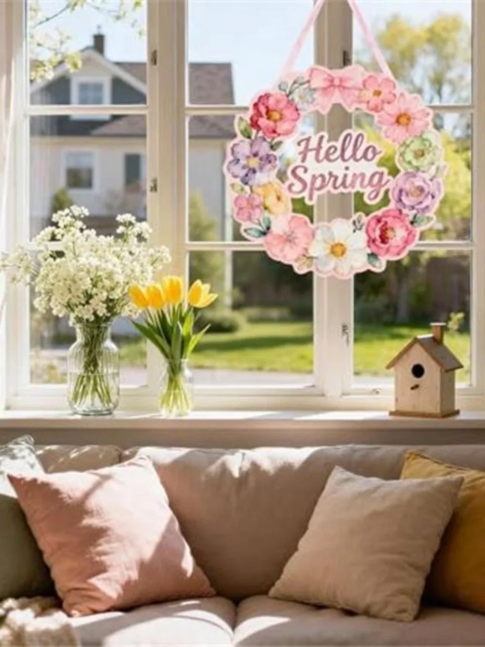 Wooden Spring Wreath with Hollow Floral Design 12 Inch Easter Welcome Sign